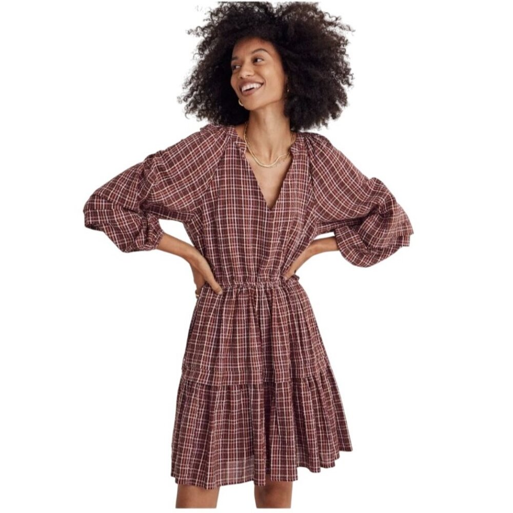 Madewell Seersucker Wrap Mini Dress Dark Merlot Plaid X-LARGE NH100 XL